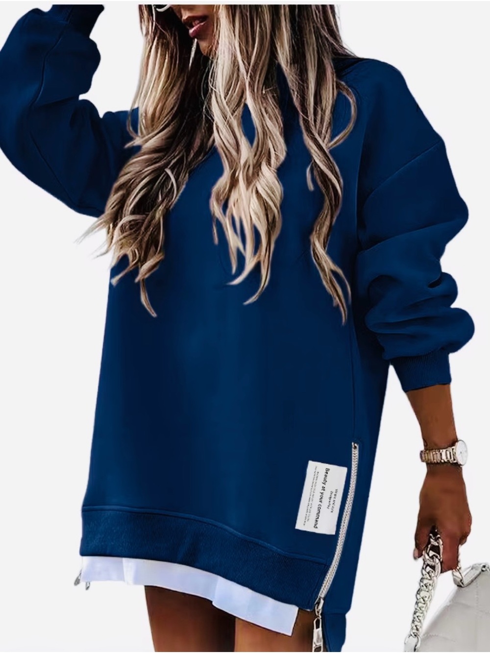 Women's Navy Blue Oversized Tunic Sweatshirt with Side Zipper